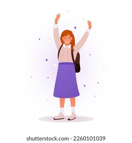 Vector illustration of a cute girl who raised her hands up in joy. A girl with a backpack on her shoulders goes to class. School uniform for girls. Illustration for educational posters, stands, books.