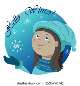 Vector illustration of a cute girl in winter hat, gloves and scarf that is looking at falling snowflakes 