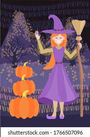 Vector illustration of a cute girl witch with a broom stands in the field and greets you. Three pumpkins, harvesting, funny halloween. Against the background are field fields, mountains and trees