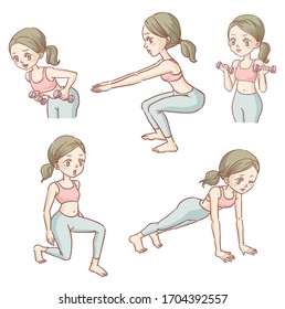 Vector illustration of cute girl working out. Digital art body workout collection