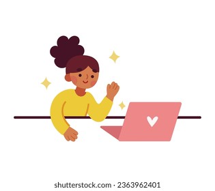 Vector illustration of cute girl working with a computer and abstract elements