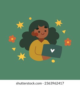 Ilustración vectorial de una chica linda trabajando con una computadora y elementos abstractos