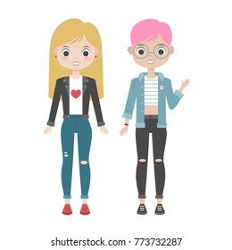 Vector illustration of cute girlfriends. Cartoon characters. Young beautiful stylish women.