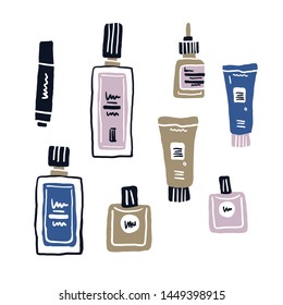 Vector illustration of a cute girlish makeup items icons set in hand drawn doodle style. Face and hands cream, hair spray, lipstick, oil, eyeshadows, perfume, nail polish, mascara. - Vector