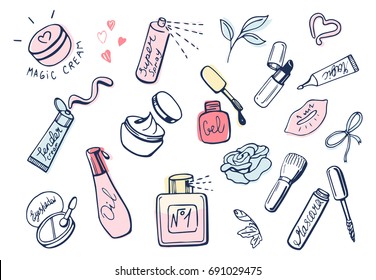 Vector illustration of a cute girlish makeup items icons set in hand drawn doodle style. Face and hands cream, hair spray, lipstick, oil, eyeshadows, perfume, nail polish, mascara.