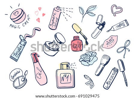 Vector illustration of a cute girlish makeup items icons set in hand drawn doodle style. Face and hands cream, hair spray, lipstick, oil, eyeshadows, perfume, nail polish, mascara.
