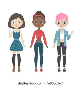 Vector illustration of cute girls different races: one in a dress, another wearing jeans and red blouse, one with pink hair, glasses and in shirt