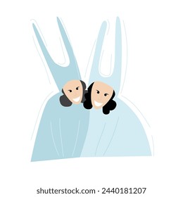 Vector illustration of cute girls in Easter bunny costume. Vector Easter illustration with hares in flat style.