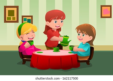 A vector illustration of cute girls having a tea party together