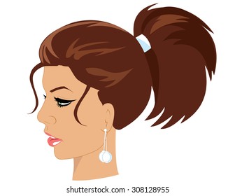 Vector Illustration Of A Cute Girl's Profile With A Pony Tail. 