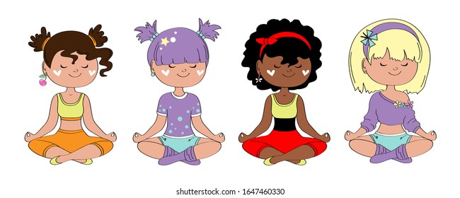 Vector illustration of cute girls sitting in lotus position and meditation on a white background. Yoga concept