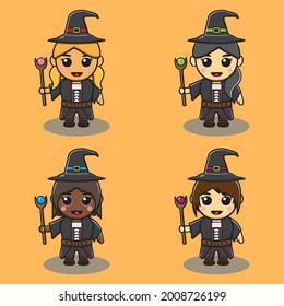 Vector illustration of Cute girls in witch costume. Collection of different cute beautiful witches. Group of cute mystical girls. Halloween witch collection.