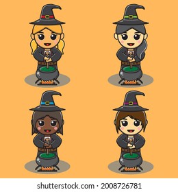 Vector illustration of Cute girls in witch with cauldron  . Collection of different cute beautiful witches. Group of cute mystical girls. Halloween witch collection.