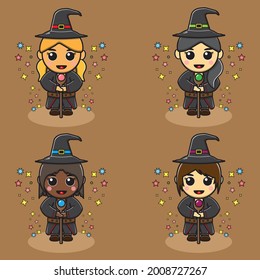 Vector illustration of Cute girls in witch using magic. Collection of different cute beautiful witches. Group of cute mystical girls. Halloween witch collection.