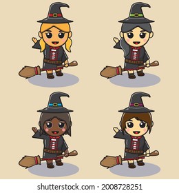 Vector illustration of Cute girls in witch costume. Group of cute mystical girls flying with broom. Halloween witch collection. Collection of different cute beautiful witches. 