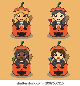 Vector illustration of Cute girls in witch costume inside Pumpkin. Halloween witch collection. Collection of different cute beautiful witches.
