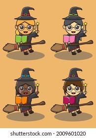 Vector illustration of Cute girls in witch costume. Group of cute mystical girls flying broom with book and magic wand. Halloween witch collection.