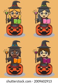Vektorgrafik von Cute Girls in Hexenkostüm lesen Zauberbuch über Kürbis. Halloween Hexenkollektion. Sammlung verschiedener süßer schöner Hexen.