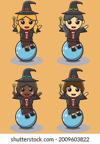 Ilustración vectorial de chicas Cute con trajes de bruja sentadas encima de la bola de cristal. Colección de brujas de Halloween. Colección de diferentes adorables brujas hermosas.