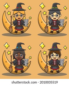 Vector illustration of Cute girls in witch costume sitting above Moon with cat. Halloween witch collection. Collection of different cute beautiful witches.