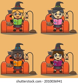 Vector illustration of Cute girls in witch costume reading and sitting on the pumpkin couch with cat. Halloween witch collection. Collection of different cute beautiful witches.