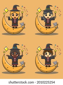 Vector illustration of Cute girls in witch costume use magic above Moon with cat. Halloween witch collection. Collection of different cute beautiful witches.