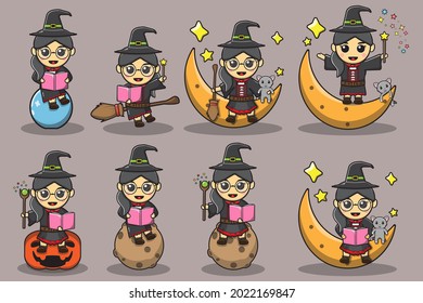 Vector illustration of Cute girls in witch costume bundle. Halloween witch collection. Collection of different cute beautiful witches.