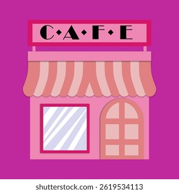 Ilustração vetorial de um café feminino bonito em cores roxas e rosa. Café com toldo e janela grande. Ilustração de um café sobre um fundo monocromático.