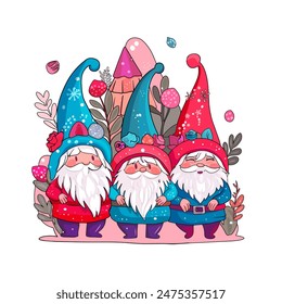 Vector illustration of a cute gnome. Design for a t-shirt group of gnomes. Children's illustration