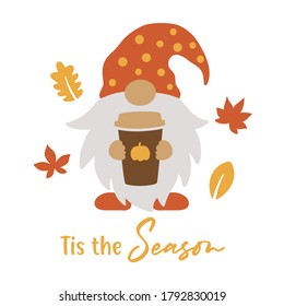 Vector Illustration Of A Cute Gnome Holding A Pumpkin Spice Latte Coffee Cup In Fall.
