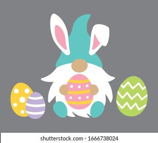 Vector illustration of cute gnome wearing Easter bunny ears holding Easter egg.