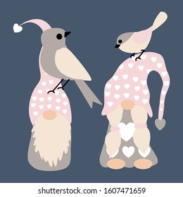 vector illustration with cute gnomes and birds, perfect to use on the web or in print