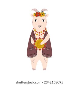 Vector illustration with cute goat in necklace, head wear and jacket, holding tambourine. Animal character design  in ethnic clothing