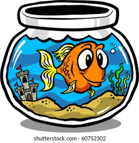 Vector Illustration Of A Cute Goldfish In A Round Fish Tank.