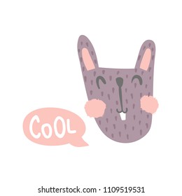 vector illustration, cute goofy style bunny and cool hand lettering text in a speech bubble