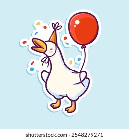 Vector illustration of cute goose in holiday hat. Cartoon cute animal character. Happy birthday sticker with funny bird.