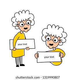 vector illustration of a cute grandmother with gray hair in a yellow jacket and glasses. beautiful, kind grandmother with such a name in her hands for your text