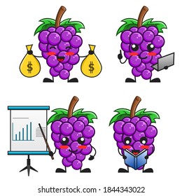 vector illustration of cute grape fruit character holding laptop, money sack, presentation and reading book. grape cute cartoon character set collection business finance theme.