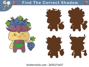 vector illustration of a cute Grape mascot. Find the correct shadow, educational game for kids. set of cute fruit mascot. chibi cartoon. games suitable for kindergarten children, preschool, etc.