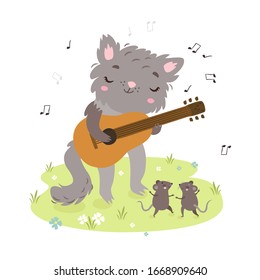 vector illustration. cute gray cat plays guitar or ukulele, mice dance in the meadow