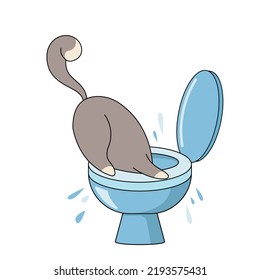 Vector illustration of cute gray cat drinking water from the toilet. A happy pet. Great as a fashionable print for pajamas or T-shirts, postcards, stickers. Cartoon style