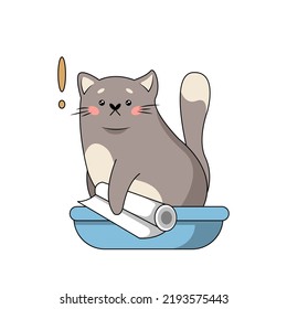 Vector illustration of a cute gray cat sitting in the toilet with a newspaper. A happy pet. Great as a fashionable print for pajamas or T-shirts, postcards, stickers. Cartoon style
