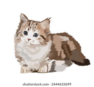 Vektorillustration einer süßen grauen Katze mit zotteligem Fell, geeignet für Kindergeschichtenbücher, Buchumschläge, Icons, Digitalspiele, Animation, etc.