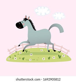 Vector illustration of a cute gray horse running in the grass.