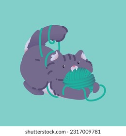 vector illustration of a cute gray kitten playing with a ball of yarn