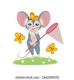 Vektorillustration Illustration von süßer grauer Maus mit Schmetterlingsnetz. 