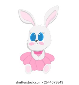 Vector illustration of cute gray rabbit with big blue eyes, dressed in pink tutu on white background.