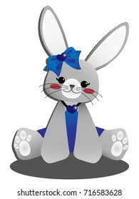 Vector illustration of cute gray rabbit  in blue dress with red cheek, blue ribbon and blue heart necklace on white background. Vector illustration of animal cartoon character.