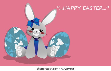 Vector illustration of cute gray rabbit  in blue dress with red cheeks and blue ribbon heart necklace. Easter eggs on pink background and "HAPPY EASTER" text. Animal cartoon character. Easter rabbit.