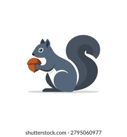 A vector illustration of a cute gray squirrel holding an acorn, depicted in a flat cartoon style on a white background.
